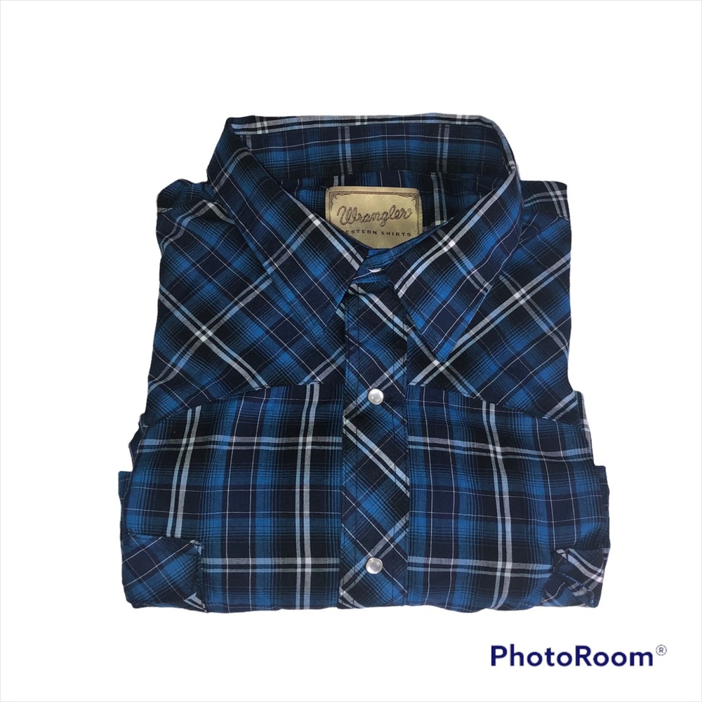 WRANGLER Western Shirts Mens Blue Plaid Snap Button Short Sleeve Shirt EUC 3XL